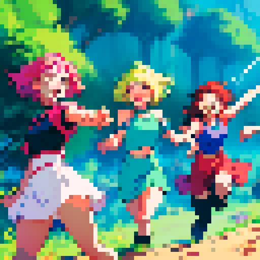 Sprite, four girls running, smiling, short hair, vibrant colors, dynamic poses, energetic expressions, sRGB, pixel art