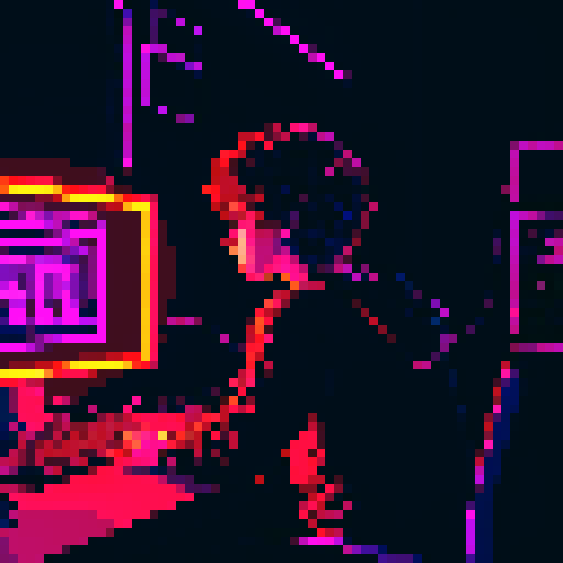brunette curly boy developer, coding on screen, neon lights glowing, cyberpunk colors, pixel art, sRGB