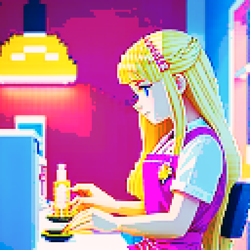 A nail tech with long blonde hair wearing a pink apron and a girl with brown hair sitting and facing each other in a nail salon. Nail polish bottles and UV lamps
