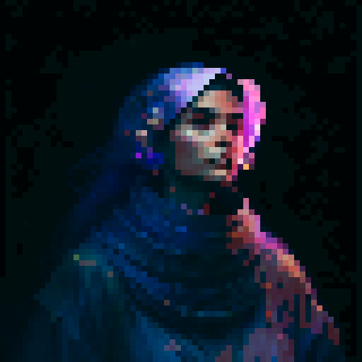 Female priest from the future, adorned in flowing robes and a headdress, holding a glowing staff, surrounded by holographic symbols and ethereal lights, in a majestic cathedral with stained glass windows depicting mythical creatures and celestial beings. Blue red and purple neon colours