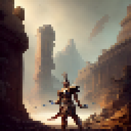 Fierce gladiator, stoic portrait, clutching gleaming sword, set against a dramatic backdrop of ancient ruins with a bold, graphic art style.