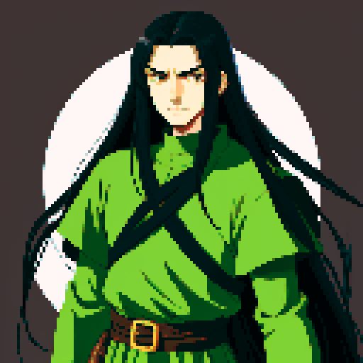 Young knight with long black hair, green eyes, handsome, anime style, fantasy medieval