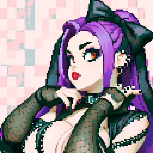 thicc, curvy, seductive busty goth babe with studded collar, long purple hair in buns, fishnet stockings, orgasmic aroused nude big titty goth in a nude sexy pose, pixel art, sRGB
