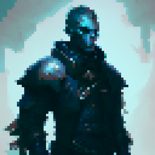 pixel character, male, human warrior, cloak, dark blue plated armor, fantasy RPG
