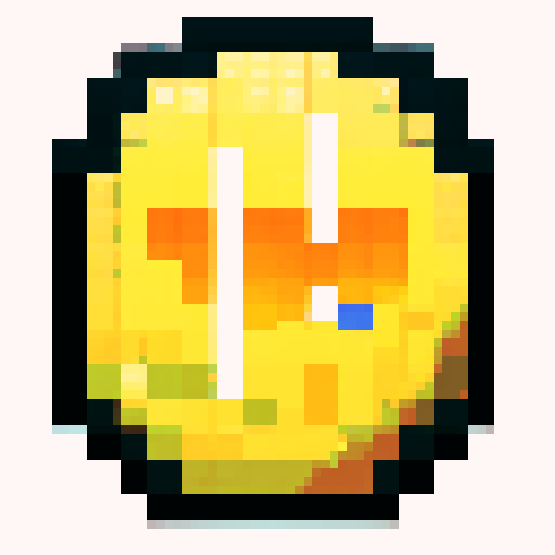 Imagine a digital, pixelated coin, shimmering with a bright golden hue. This coin has a classic round shape, resembling a traditional coin, but its surface is made up of tiny, square pixels, giving it a distinctly digital and retro video game look. The pixels catch light at various angles, making the coin glint and sparkle. On its surface, there is a simple, pixelated design – perhaps a symbol or a character – that is iconic and easy to recognize, yet rendered in a minimalist, blocky style typic