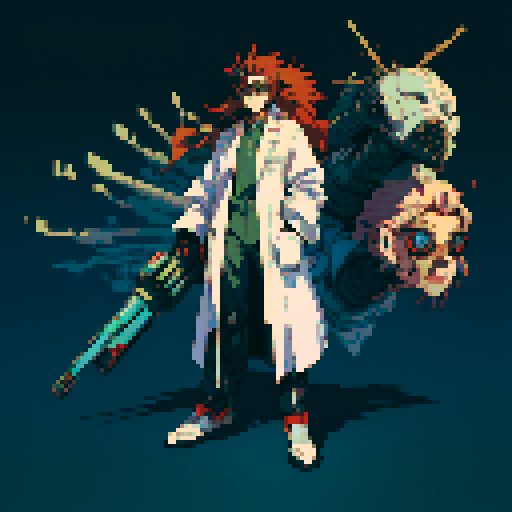 full-body image of a mad scientist with wild hair, lab coat, and goggles, who is facing to the left, giant robot towering in the background, detailed pixel art