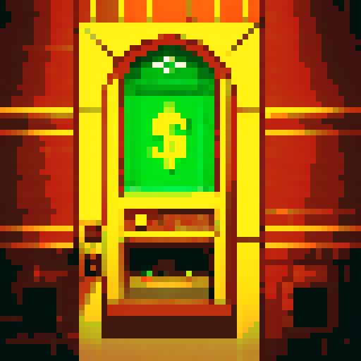 Old-school bank, vintage teller window, pixelated dollar bills, sRGB colors, brick exterior, retro vault door