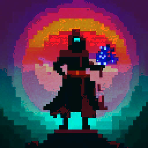 Hooded warlock with glowing eyes casting spell, surrounded by swirling purple mist, holding ancient tome, standing on rocky cliff overlooking moonlit ocean, with pixelated waves crashing below.