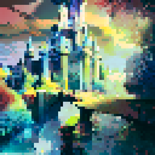 Majestic Disney castle nestled in lush greenery, framed by towering trees, with a shimmering moat and a bright blue sky in the background, rendered in a stunning landscape portrait style.