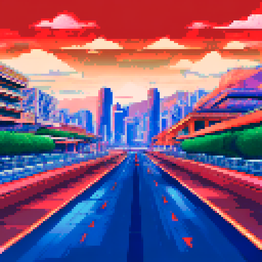 Zooming past the Monte Carlo harbor, a sleek, red Formula One race car, surrounded by palm trees and towering skyscrapers, speeds towards the finish line, rendered in pixel art with a muted, sRGB color palette creating a breathtaking Monaco grand prix landscape