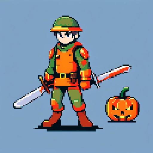 A soldier ready for battle with sword and a shield made of pumpkin