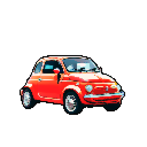 Photorealistic, centered Fiat 500 in a three quarter view, right wheel in front, clean background, pixel art style with sRGB colors