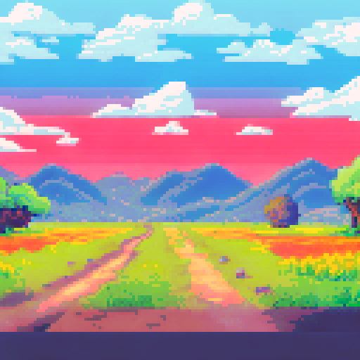 pastoral landscape, fields (yellow), sunset, no mountains in background