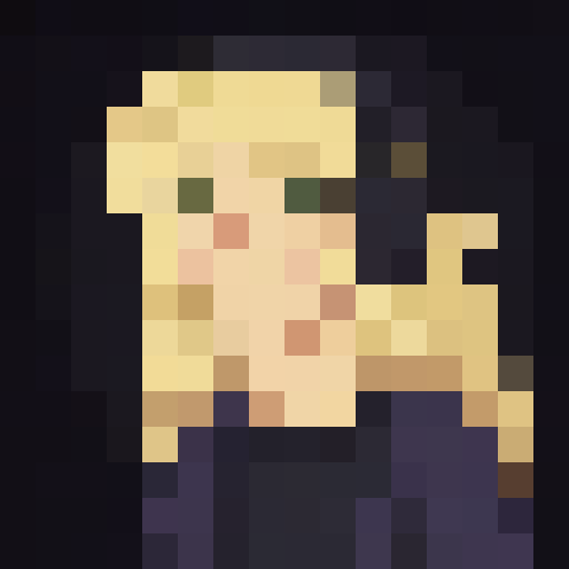 Character for YouTube channel in pixel art style, characteristics: blonde, green eyes, smooth and straight hair, with black coat and headphones 