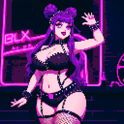Thicc, curvy, busty goth babe with studded collar, long purple hair in buns, fishnet stockings, studded halter top, dancing in nightclub. neon signage, pixel art, sRGB. 4:5 ratio