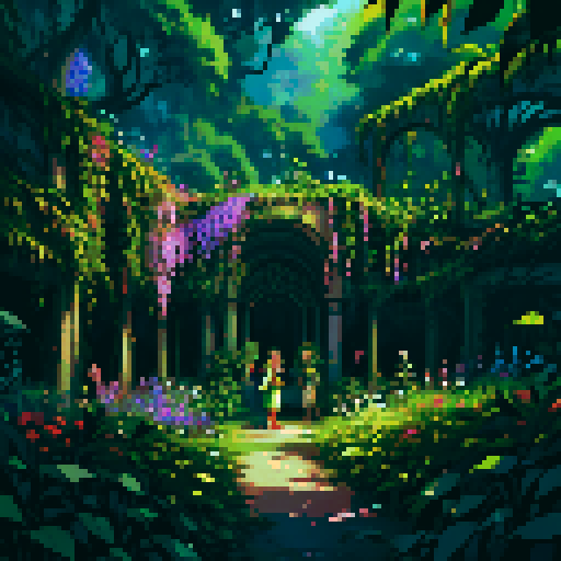lush jungle forest, haphazard ruins, choked with vines, vibrant flowers in trees, mysterious