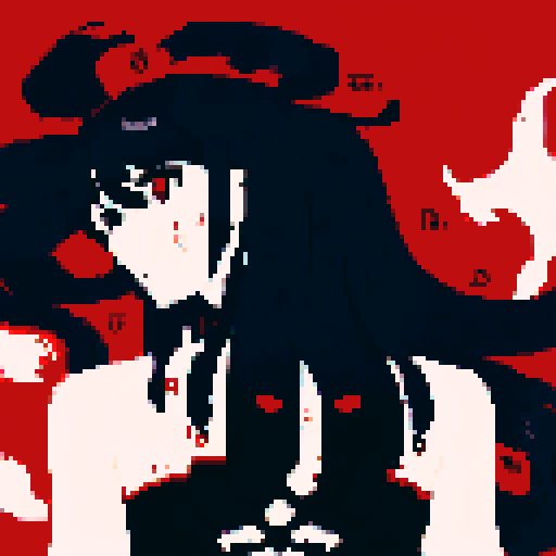 Half-demon warrior with long black hair cascading down their back, captivating fusion of contrasting elements, red eyes reflecting fierce determination and vulnerability, attire blending traditional and modern influences from human and demon cults, character portrait, close up, anime style, pixel art