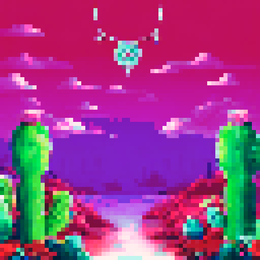 A glimmering diamond necklace draped over a blooming cactus, with prickly needles and vibrant flowers in the background, all rendered in a detailed, retro pixel art style using the sRGB color space
