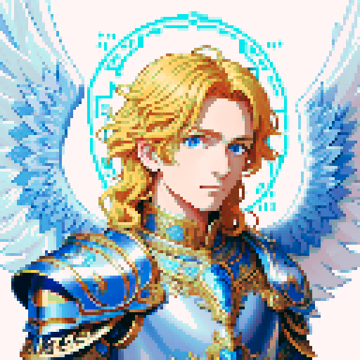 handsome angel with flowing golden hair, vibrant blue eyes, and feathery white wings, clad in intricately designed armor, surrounded by a celestial aura, set against a pixel art background with vibrant sRGB colors