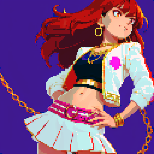 tan skinned, dark vibrant red hair flowing, pink eyes with a hint of red, short white skirt with gold detailing, gold bracelet, iron chain necklace, purple crop top, short white jacket with pixel art style in sRGB