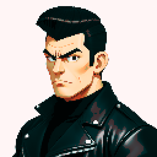 Muscular, tough greaser man with a pompadour hairstyle, wearing a motorcycle jacket, pixel art, sRGB colors, portrait, face avatar