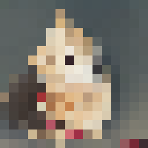 A 16х16 pixel portrait of a medium-sized dog with fluffy fur. The dog has a bright, shaggy golden coat with black patches on its back and ears. Its ears are medium length, slightly floppy, and the tail is bushy. The background should be white 