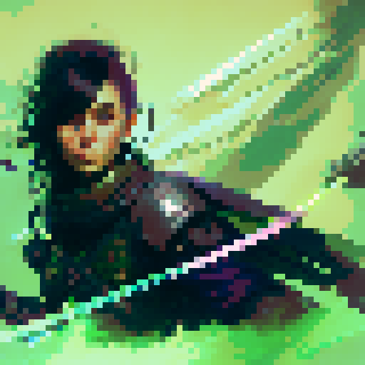 female warrior, with vibrant green hair, wielding a futuristic high tech weapon