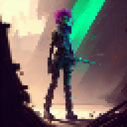 Girl in punk attire, with colorful hair and tattoos, stands in an abandoned urban alleyway, holding a sleek and deadly black gun or a wooden bow and arrow with neon green accents, ready to defend herself against any imminent threat, with a gritty and edgy art style.
