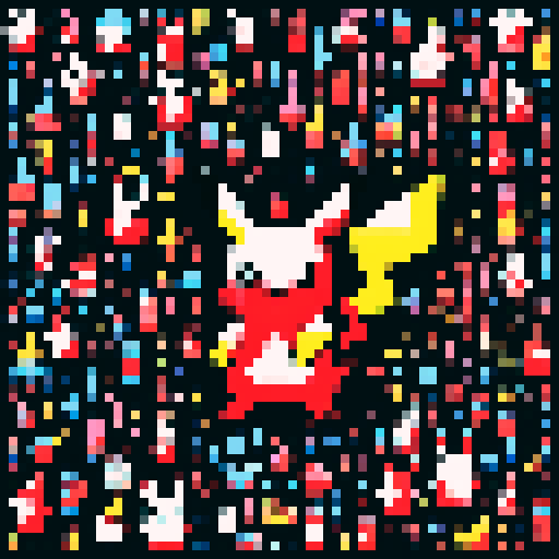 Red and white pixelated Pikachu with pointy ears and a zigzag tail, surrounded by a colorful array of pixel art Pokemon characters on a black sRGB background