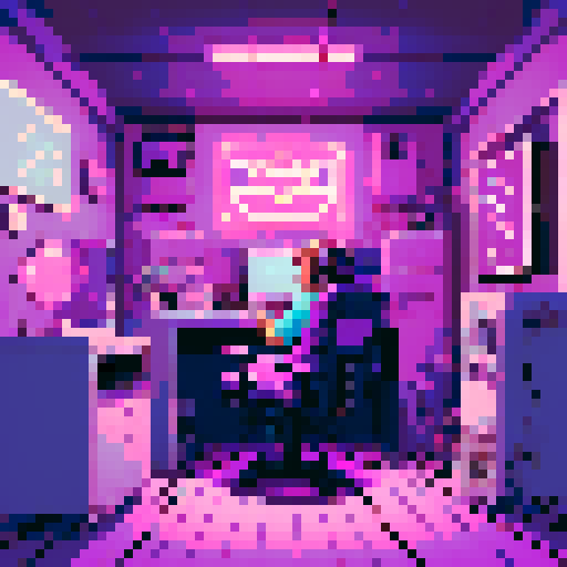 Synthwave retro vibe logo, messy room with tangled wires and retro tech, vibrant purple and pink hues contrasting with black accents, an aloof and chill teen boy sitting on a recliner adorned with retro headphones, a contented cat lounging on his lap, a handmade pixel art creation with love and dedication, all designed in the sRGB color space to maintain the authentic pixel art style