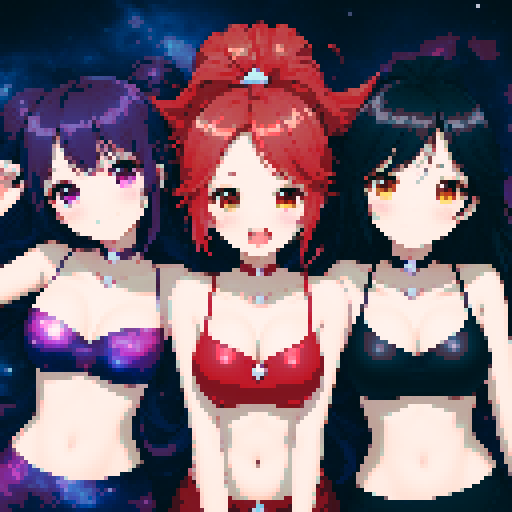 three teenage girls, dark purple hair with galaxy-style pattern, purple galaxy-style bra and shorts, purple eyes, red ponytail hair with ruby hairpiece, white stars in hair, red galaxy-style bra and shorts, red eyes, black-hole-style hair, yellow sapphire necklace, black galaxy-style bra and shorts, orange eyes, pixel art, sRGB