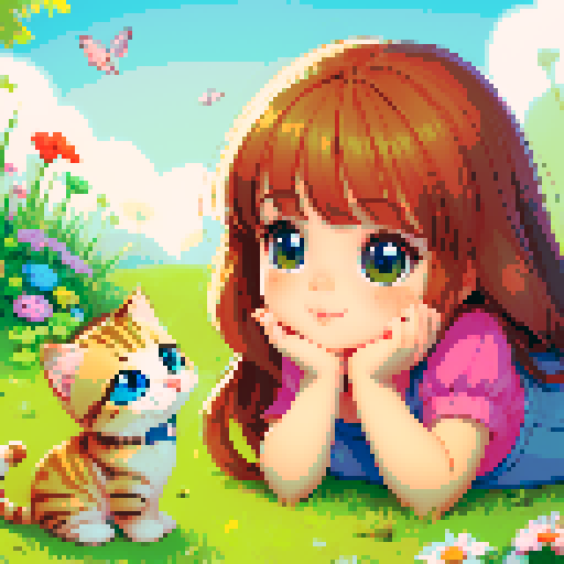 little cute girl lies on the grass and looks at the kitten, cartoon style, 64 colors