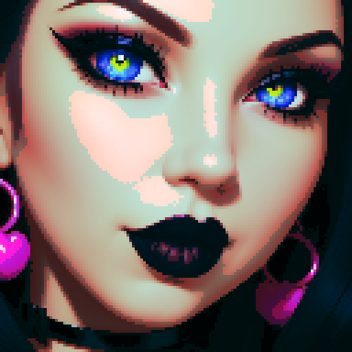 curvy, busty goth girl, face portrait, close up, glamour shot, vivid colors, pixel art, sRGB