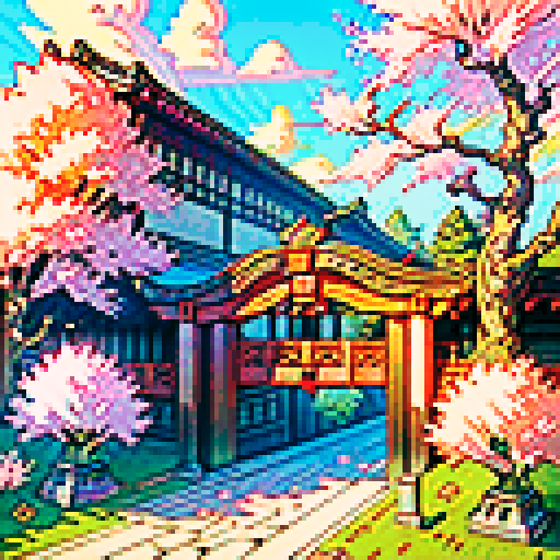 scroll, ancient, weathered, intricate, illuminated, vibrant colors, pixelated, ornate, detailed, calligraphy, mythical creatures, dragons, phoenixes, cherry blossoms, flowing patterns, gold accents, Japanese-inspired, sRGB, pixel art