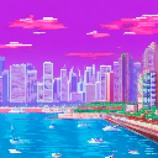 Monaco's glittering harbor nestled amidst towering skyscrapers, a sleek red Ferrari zooming past the roaring crowd, the sun-drenched coastline glittering in the background, all captured in vibrant pixelated glory