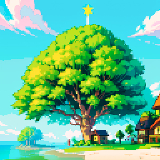 Sunny beach, large tree with tree house, vibrant green vegetation, jewels strewn upon beach, warm, inviting, magical, whimsical, sRGB, pixel art
