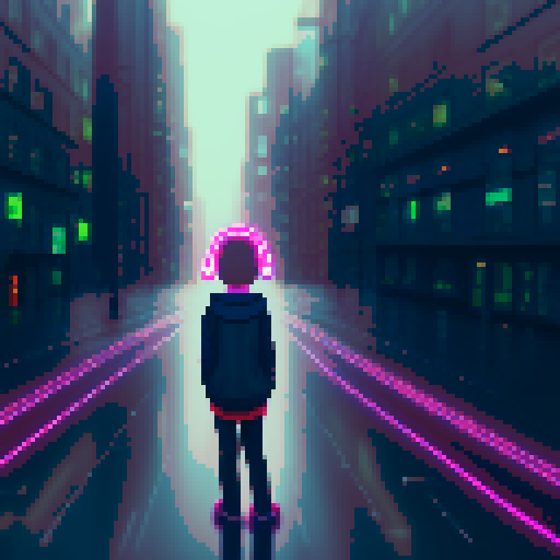 hacker girl, rainy day, neon codes, flickering screens, pixelated cityscape, futuristic attire, headphones, city lights reflecting on wet pavement, boy