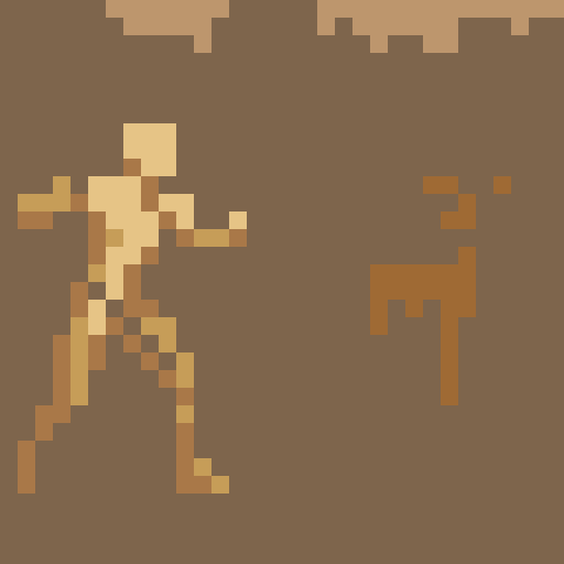 Human figure color palette, faceless, nude, wielding a bow or throwing object, targeting animal, greenery background, pixel art, sRGB