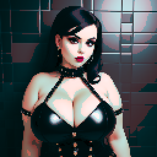 curvy, busty goth babe with studded collar, wearing halter top, in a full face portrait with a glamour shot aesthetic, against a  moody tile backsplash, capturing an edgy pixel art style in sRGB