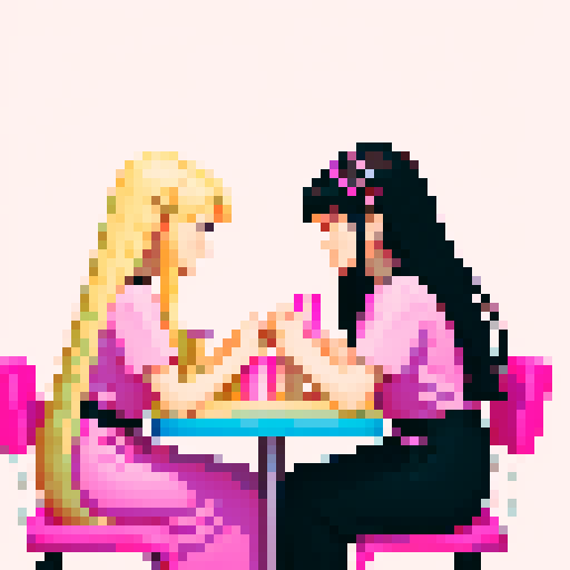A nail tech with long blonde hair wearing a pink apron and a girl with black hair facing each other at a table in a nail salon.