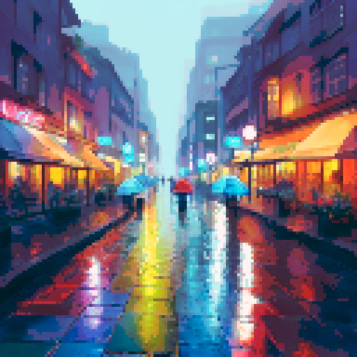 colorful umbrellas, wet cobblestone streets, towering skyscrapers, shimmering reflections in puddles, misty neon lights, people huddled under awnings, rain-soaked flowers, silhouettes of city dwellers with umbrellas, cascading water droplets on windows, a foggy skyline