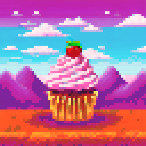 cupcake with pink strawberry icing, pixel art style, set against a sRGB background in a scenic landscape