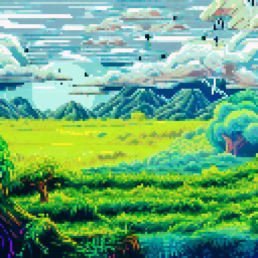 Glowing vines, pulsating with energy, wrap around a towering, gnarled tree with sparkling leaves, guarded by ethereal spirits wielding crackling lightning bolts in a pixel art landscape, with a background pulsing in sRGB hues