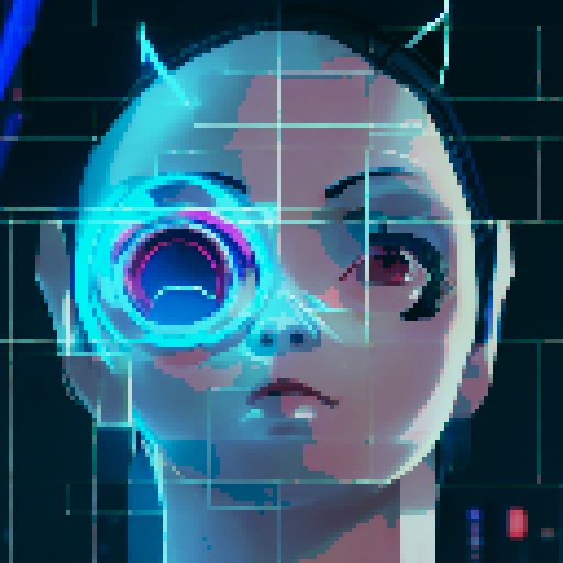 A futuristic cityscape, with towering skyscrapers and neon lights, as a young woman with a sleek, black bionic arm walks past a CCTV camera, triggering a facial recognition system that projects a holographic display of her personal information