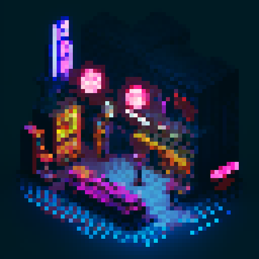 Create a pixel art illustration of a cyberpunk bar with a detailed bar counter. The scene should have a side-scroll perspective, capturing the bustling atmosphere typical of 2D games. Make sure to include neon lights, futuristic decor, and characters interacting within the bar. The image should have a trendy and stylish aesthetic, reflecting the vibrant and edgy nature of the cyberpunk genre.