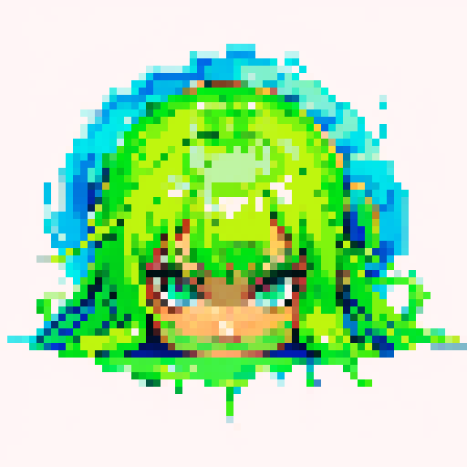 Pixel art of a vibrant, sRGB green slime with shiny, glistening textures and a playful, gooey appearance