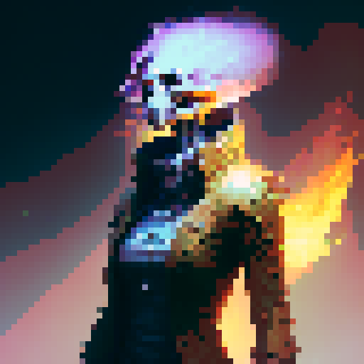Skeleton engulfed in roaring flames, pixelated profile picture, capturing the essence of a fantasy RPG
