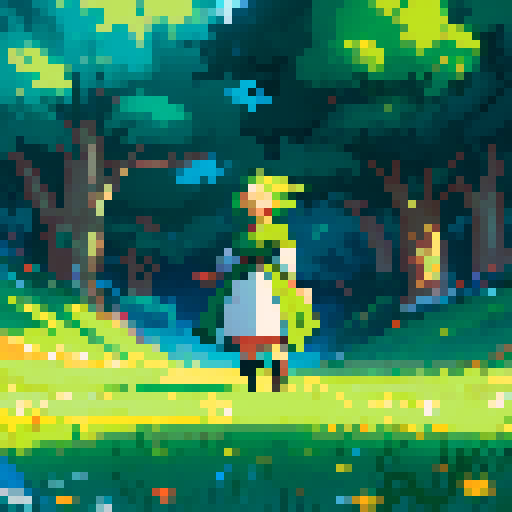 person  pressing a glowing video game button, surrounded by lush green grass and a clear blue sky, all depicted in a medival pixel art style