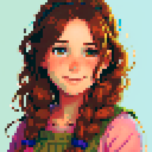 stardew valley-inspired, woman, pixel art, sRGB, vibrant colors, rustic backdrop, braided hair, glowing skin, gentle smile, freckles, rosy cheeks