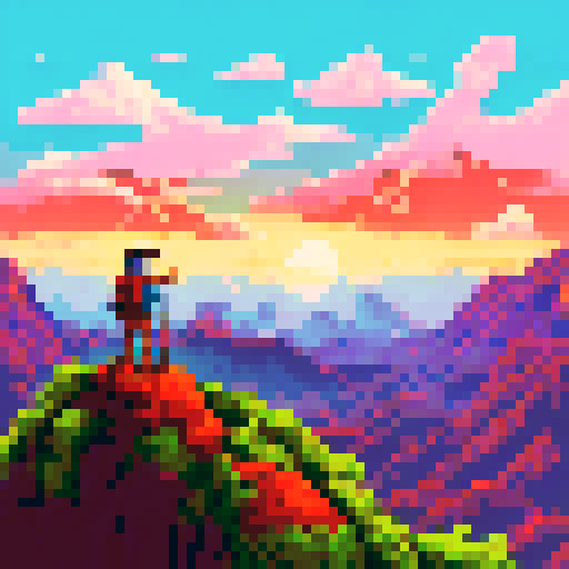 A rugged adventurer, standing atop a mountain peak, holds a gleaming silver key in their pixelated hand against a vibrant sRGB background of rolling hills and a stunning mountain landscape
